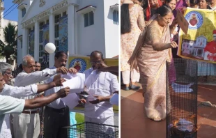 Left: Protesters burn a bishops’ circular in front of St. Mary’s Basilica, the cathedral of Ernakulam Archdicoese in India. Right: An elderly woman puts a burning circular into a bin in front of Vazhakkala, India, church. Credit: Anto Akkara