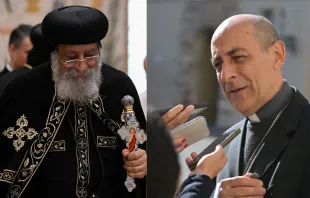 Cardinal Víctor Manuel Fernández, prefect of the Dicastery for the Doctrine of the Faith, and Coptic Pope Tawadros II of Alexandria. Credit: Vatican Media; ANDREAS SOLARO/AFP via Getty Images