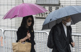 Jimmy Lai’s wife, Teresa (left), and retired Chinese Cardinal Joseph Zen Ze-Kiun arrive at the West Kowloon Magistrates’ Courts to attend Hong Kong activist publisher Lai’s national security trial in Hong Kong on Wednesday, Nov. 20, 2024. Credit: AP Photo/Chan Long Hei