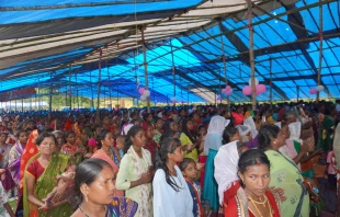 The faithful gather at the site of Father Arul Das' death in the Jamboni jungle on Sept. 2, 2024. Credit: Anto Akkara