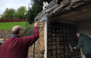 Carfin Grotto, Scotland’s national shrine to Our Lady of Lourdes, is cleaned after a suspected arson attack on Oct. 17, 2021. Sancta Familia Media.