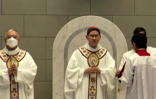 Cardinal Luis Antonio Tagle presides at the consecration of the Cathedral of Our Lady of Arabia in Bahrain. Screenshot from Sacred Heart Catholic Church Bahrain YouTube channel.