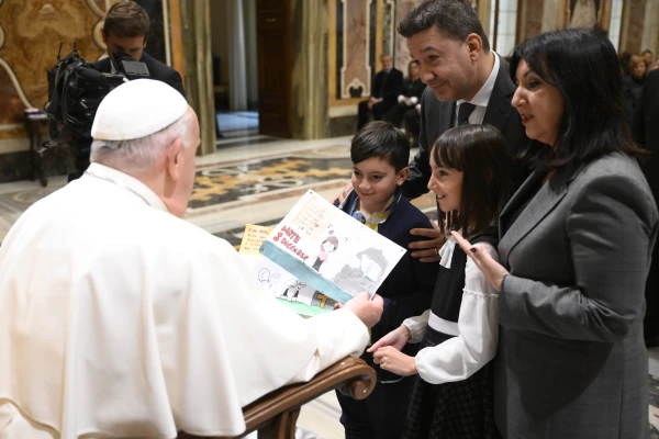 Pope Francis greets a family while meeting with the academic community of the John Paul II Pontifical Theological Institute for Marriage and Family Sciences in the Vatican, Monday, Nov. 25, 2024. Credit: Vatican Media