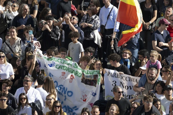 Crowds in a sunny St. Peter's Square watch Pope Francis as he leads the Angelus prayer from a window of the Apostolic Palace on Nov. 3, 2024. Credit: Vatican Media