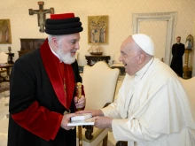 Pope Francis meets with Mar Awa III, Catholicos-Patriarch of the Assyrian Church of the East, at the Vatican on Nov. 9, 2024.