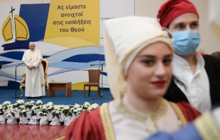 Pope Francis meets with young people at St. Dionysius School of the Ursuline Sisters in Maroussi, Athens, Dec. 6, 2021. Vatican Media.