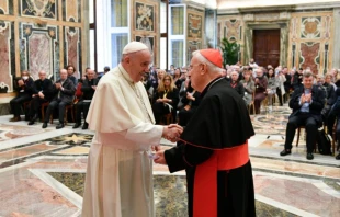 Pope Francis greets participants in a conference on the Italian diaspora in Europe at the Vatican’s Clementine Hall, Nov. 11, 2021. Vatican Media.