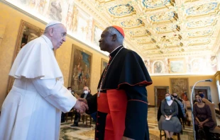 Pope Francis meets participants in an international conference on eradicating child labor at the Vatican's Consistory Hall, Nov. 19, 2021. Vatican Media.