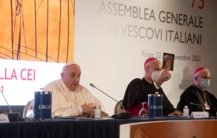 Pope Francis addresses the Italian bishops’ conference in Rome, Nov. 22, 2021. Vatican Media.