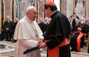 Pope Francis meets participants in the plenary assembly of the Congregation for Institutes of Consecrated Life and Societies of Apostolic Life at the Vatican’s Clementine Hall, Dec. 11, 2021. Vatican Media.