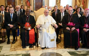 Pope Francis meets participants in the Pontifical Academy of Social Sciences’ plenary meeting at the Vatican, April 29, 2022. Vatican Media.