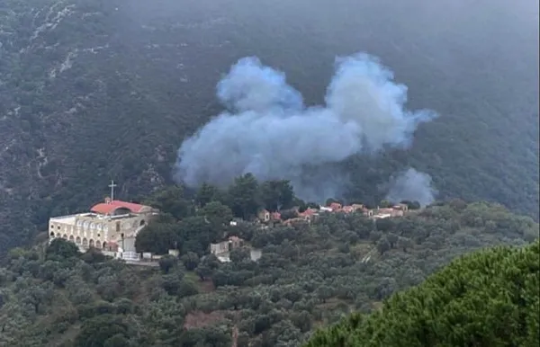 An Israeli missile explodes behind the Orthodox convent in Deir Mimas. Every Sunday, Father Toufic Bou Mehri travels to Deir Mimas, a little Lebanese village 2.5 miles from the Israeli border, and celebrates the Mass in the Franciscan church. "There are no bunkers in the village," he recounted. "When missiles start whistling, it’s pointless to interrupt Mass; there’s no safe place." Credit: Photo courtesy of Father Toufic Bou Mehri