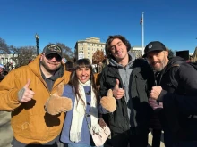 Ryan Clarke, Harrison Tinsley, and Adam Vena, who have each faced custody battles over their opposition to transgender ideology, rally on the steps of the United States Supreme Court with activist and detransitioner Chloe Cole on Dec. 4, 2024.