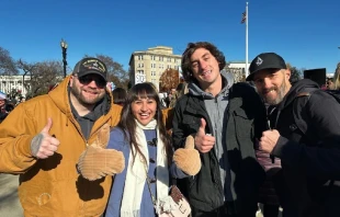 Ryan Clarke, Harrison Tinsley, and Adam Vena, who have each faced custody battles over their opposition to transgender ideology, rally on the steps of the United States Supreme Court with activist and detransitioner Chloe Cole on Dec. 4, 2024. Credit: Photo courtesy of Harrison Tinsley