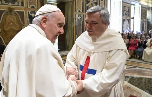 Pope Francis greets a representative of the Order of the Most Holy Trinity and of the Captives at the Vatican's Clementine Hall, April 25, 2022. Vatican Media