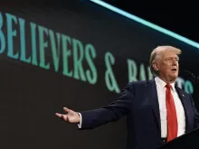 Former president Donald Trump speaks during a Turning Point USA Believers’ Summit conference at the Palm Beach Convention Center on July 26, 2024, in West Palm Beach, Florida.