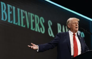 Former president Donald Trump speaks during a Turning Point USA Believers’ Summit conference at the Palm Beach Convention Center on July 26, 2024, in West Palm Beach, Florida. Credit: Joe Raedle/Getty Images