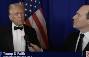 Former U.S. President Donald Trump is interviewed by EWTN’s Raymond Arroyo just prior to attending the annual Al Smith dinner in support of the charitable work of the Archdiocese of New York on Oct. 17, 2024. Credit: The World Over with Raymond Arroyo/Scxreenshot