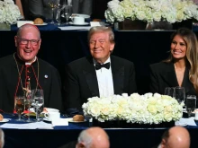 President-elect Donald Trump with his wife Melania Trump and archbishop of New York Cardinal Timothy M. Dolan (left) attend the 79th Annual Alfred E. Smith Memorial Foundation Dinner at the Hilton Midtown in New York City on Oct. 17, 2024.