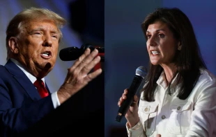 Former U.S. President Donald Trump speaks on Jan. 15, 2024, in Des Moines, Iowa; former U.N. Ambassador Nikki Haley speaks during a campaign event on Jan. 17, 2024, in Rochester, New Hampshire. Credit: Chip Somodevilla/Getty Images; Joe Raedle/Getty Images