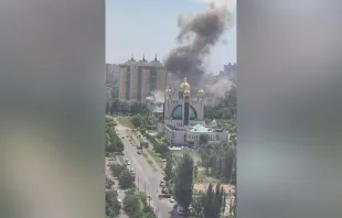 Smoke billows into the air behind a Ukrainian Greek Orthodox Church in Kyiv, Ukraine, after a missile attack on July 8, 2024. Credit: Ukrainian Greek Catholic Church