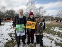 Pardoned by President Trump and released from jail just hours before, Joan Andrews Bell (center) arrived at the March for Life rally with her husband, Chris, and son Emiliano Bell.