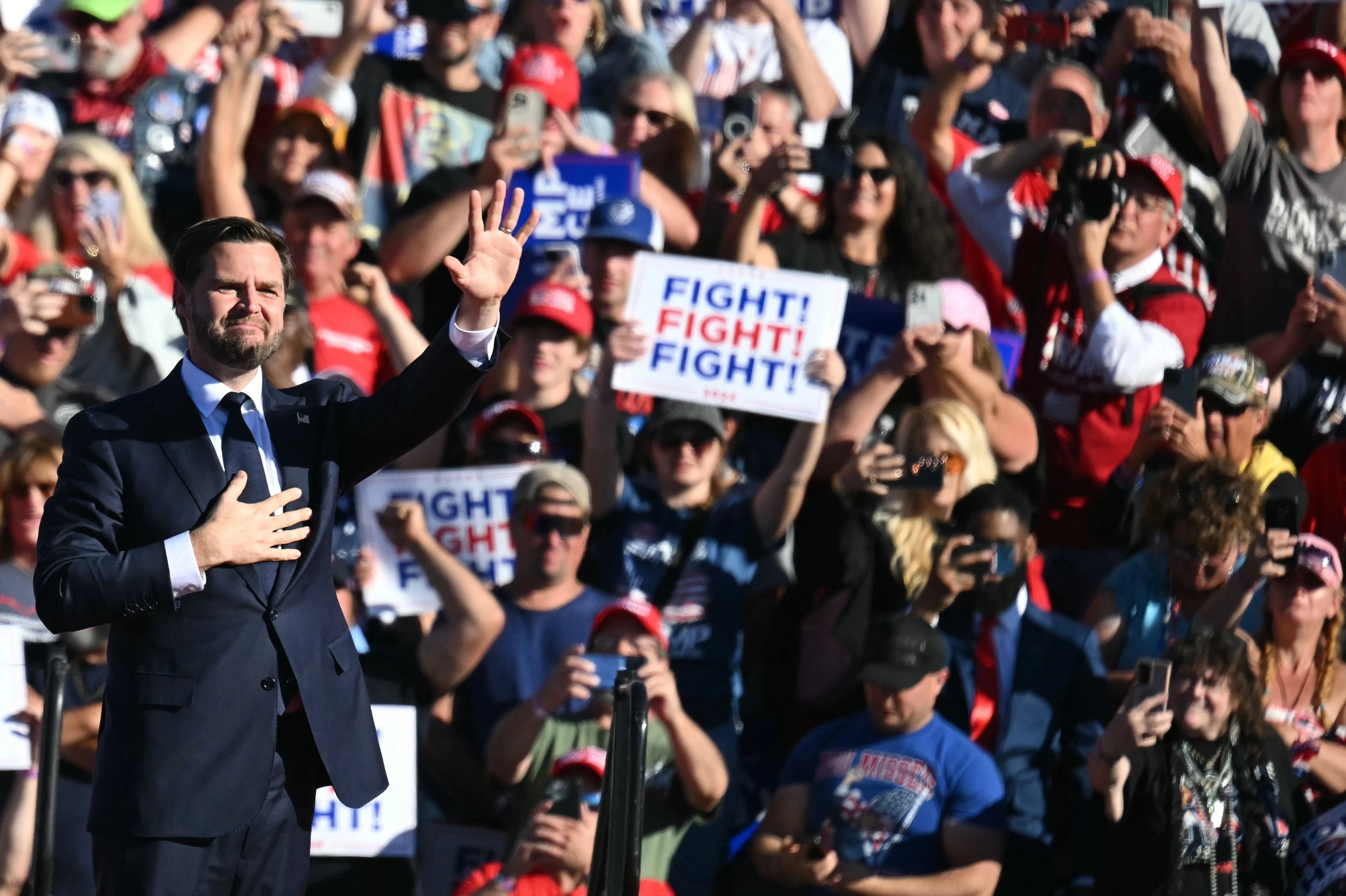 Republican vice presidential candidate JD Vance arrives to speak at a Trump-Vance campaign rally in Butler, Pennsylvania, on Oct. 5, 2024.?w=200&h=150