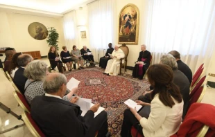 Pope Francis meets members of the International Federation of Catholic Pharmacists on May 2, 2022, in the Vatican's Santa Marta guesthouse. Vatican Media