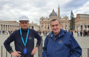 Andrea de Walderstein (left) and Antonio Boemo are spearheading the recreation of a local lagoon in a Nativity scene for St. Peter’s Square. Walderstein is the Nativity’s architect, designer, and construction manager, and Boemo is the coordinator and leader of the project. Credit: Hannah Brockhaus/CNA