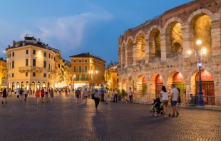 The Verona Arena is illuminated at night on Aug. 3, 2018, in Verona, Italy. The Holy See Press Office on Monday, April 29, 2024, released the pope’s schedule for a one-day trip to the city scheduled for May 18, 2024, on the vigil of Pentecost.  Credit: Athanasios Gioumpasis/Getty Images