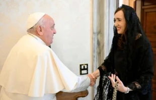 Pope Francis receives the vice president of Argentina, Victoria Villarruel, on Oct. 14, 2024, in a meeting in the Apostolic Palace at the Vatican. The two discussed the situation in the country and exchanged gifts in an atmosphere of “great affection,” according to an official statement. Credit: Vatican Media