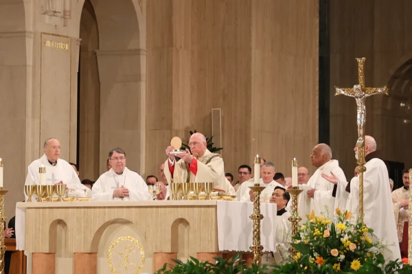 Cardinal Robert McElroy, archbishop-designate of Washington; Cardinal Christophe Pierre, apostolic nuncio to the United States; Archbishop Joseph Naumann of the Archdiocese of Kansas City, Kansas; Archbishop Timothy Broglio, president of the U.S. Conference of Catholic Bishops; Cardinal Wilton Gregory of the Archdiocese of Washington; and Cardinal Sean O'Malley, archbishop emeritus of Boston celebrate the vigil Mass on Jan. 23, 2025, the night before the March for Life. Credit: Photo courtesy of the Basilica of the National Shrine of the Immaculate Conception