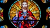 The Sacred Heart is at the center of a rose window in Santa Ifigênia Church, São Paulo, Brazil.