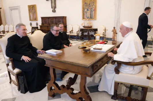 Monsignor Gilles Wach (center), prior general of the Institute of Christ the King Sovereign Priest, is received in private audience by Pope Francis on June 24, 2024. He is accompanied by Monsignor Rudolf Michael Schmitz, vicar general of the institute, and Canon Louis Valadier, provincial of France.?w=200&h=150