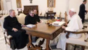Monsignor Gilles Wach (center), prior general of the Institute of Christ the King Sovereign Priest, is received in private audience by Pope Francis on June 24, 2024. He is accompanied by Monsignor Rudolf Michael Schmitz, vicar general of the institute, and Canon Louis Valadier, provincial of France.