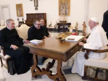 Monsignor Gilles Wach (center), prior general of the Institute of Christ the King Sovereign Priest, is received in private audience by Pope Francis on June 24, 2024. He is accompanied by Monsignor Rudolf Michael Schmitz, vicar general of the institute, and Canon Louis Valadier, provincial of France.