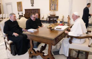 Monsignor Gilles Wach (center), prior general of the Institute of Christ the King Sovereign Priest, is received in private audience by Pope Francis on June 24, 2024. He is accompanied by Monsignor Rudolf Michael Schmitz, vicar general of the institute, and Canon Louis Valadier, provincial of France. Credit: Courtesy of Institute of Christ the King Sovereign Priest