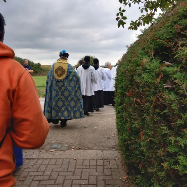 The rector of the Walsingham Shrine, Father Robert Billing, walks in procession during the Mass celebrating the first feast day of Our Lady of Walsingham on Sept. 24, 2024. Credit: Marie Drozdziak