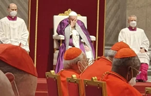 Pope Francis prays during the penitential service at St. Peter's Basilica, March 25, 2022. Vatican Pool.