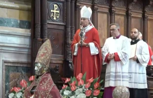 Archbishop Battaglia with the liquefied blood of Saint Januarius on Sept. 19, 2022 Screenshot / Youtube channel, Chiesa di Napoli