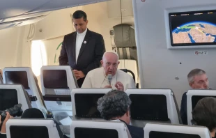 Pope Francis speaks with members of the press on the flight from Bahrain to Rome. Alexey Gotovsky/EWTN