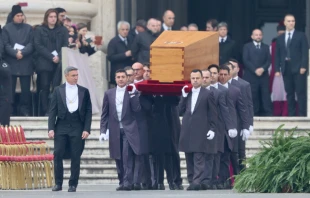 The coffin of Pope Emeritus Benedict XVI is carried into St. Peter's Square prior to his funeral Mass on Jan. 5, 2023. Daniel Ibañez/CNA