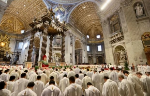 Pope Francis presided over a Chrism Mass at which more than 1,880 priests, bishops, and cardinals renewed the promises made at their ordinations on April 6, 2023. Daniel Ibanez/CNA