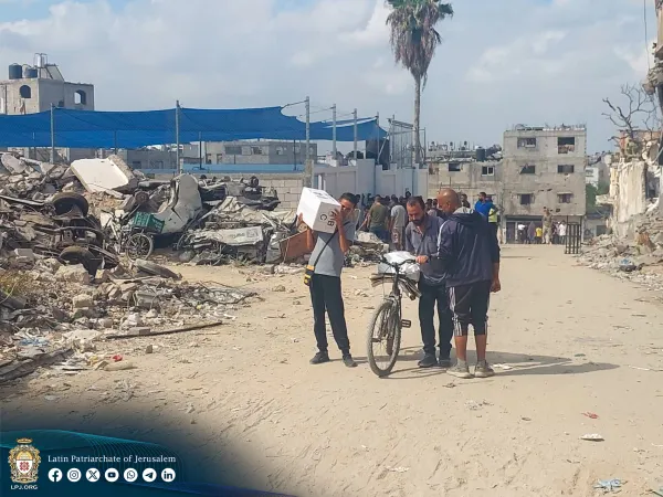 The Latin Patriarchate of Jerusalem — a diocese that includes Jordan, Cyprus, Palestine, and Israel — announced that 40 tons of non-perishable food kits were recently delivered by Malteser International to a newly-established distribution center near the Patriarchate’s compound in the region to aid people in need in northern Gaza. Courtesy of the Latin Patriarchate of Jerusalem