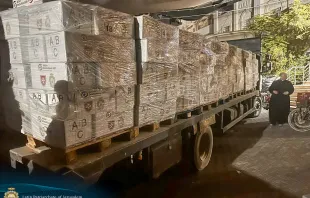 In a July 24, 2024, press release, the Latin Patriarchate of Jerusalem — a diocese that includes Jordan, Cyprus, Palestine, and Israel — announced that 40 tons of nonperishable food kits were delivered by Malteser International to a newly-established distribution center near the patriarchate’s compound in the region for people in northern Gaza. Credit: Courtesy of the Latin Patriarchate of Jerusalem