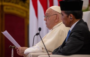 Pope Francis speaks next to Indonesian President Joko Widodo at a meeting with the authorities, civil society, and the diplomatic corps in Jakarta on Sept. 4, 2024. Credit: Vatican Accredited Media Personnel (VAMP)