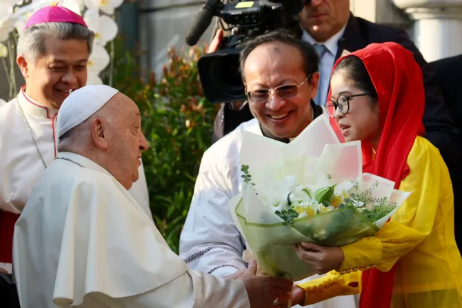 Pope Francis arriving at the Cathedral of Our Lady of the Assumption in Jakarta on Sept. 4, 2024, to meet with bishops, priest, religious, seminarians and catechists.