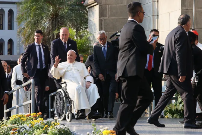 Pope Francis arriving at the Cathedral of Our Lady of the Assumption in Jakarta on Sept. 4, 2024, to meet with bishops, priest, religious, seminarians and catechists.