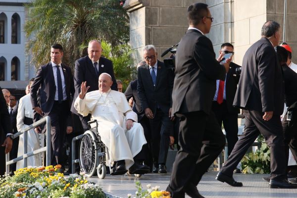 Pope Francis arrives at the Cathedral of Our Lady of the Assumption in Jakarta on Sept. 4, 2024, to meet with bishops, priest, religious, seminarians, and catechists. Credit: Daniel Ibáñez/CNA