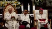 Pope Francis participates in a meeting at the Cathedral of Our Lady of the Assumption in Jakarta on Sept. 4, 2024, with bishops, priest, religious, seminarians, and catechists.